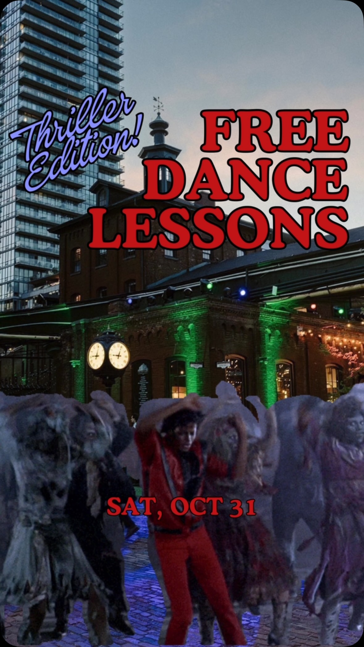 PSA: Your Halloween plans just got a little more thrilling, Toronto! 🧟‍♀️💃🏽🎃

Join us at The Distillery on Saturday, October 31st, for FREE community dance lessons, ✨Thriller Edition✨ led by @citydancecorps!

Bring a friend or the whole family to learn the iconic choreography and get into the spooky season spirit with us!   🗓️ We’ve got lessons for all ages from 5:30-6:30 pm, no registration is required. Costumes are encouraged!

Send this to the friend you’d learn the Thriller dance with!